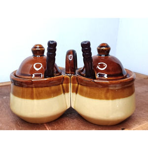 70s Vintage Condiment Serving Set Stoneware Wood Handled Spoons Relish Jellys